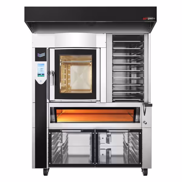 Elektrisch Rotatie-Combisteamer - Touchscreen - 6x 600x400mm & pizzaoven - 4x 600x400mm - incl. 2 rijskasten & plaathouder - met wateraansluiting & stoomfunctie