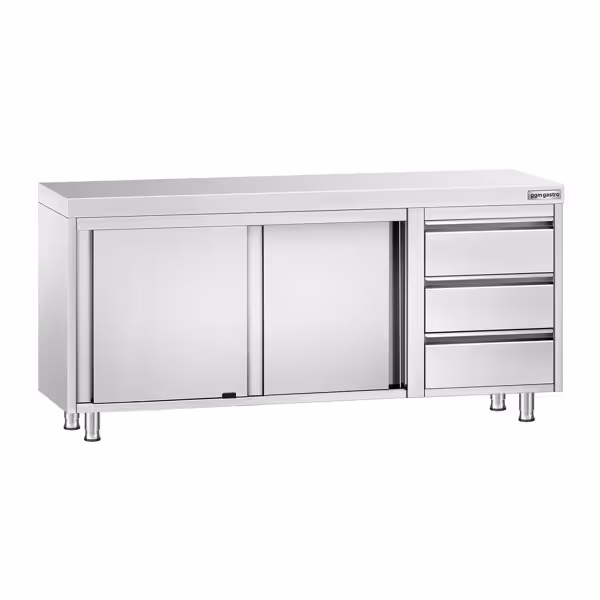 Gesloten RVS werktafel PREMIUM - 1800x700mm - met 2 schuifdeuren, 3 laden rechts
