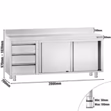 Edelstahl Arbeitsschrank PREMIUM - 2000x700mm - mit 3 Schubladen links & Aufkantung