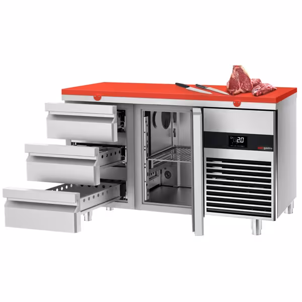 Koelwerkbank PREMIUM - 1400x700mm - met 1 deur - met 3 lades - incl. snijplank rood