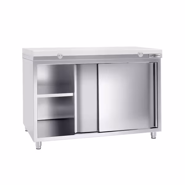 Armário de trabalho em aço inoxidável PREMIUM - 1,4 m - com porta de correr - inclui placa de corte  (Branco)