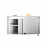 Tavolo armadiato in acciaio inox PREMIUM - 1400x700mm - con porta scorrevole - incl. tagliere bianco