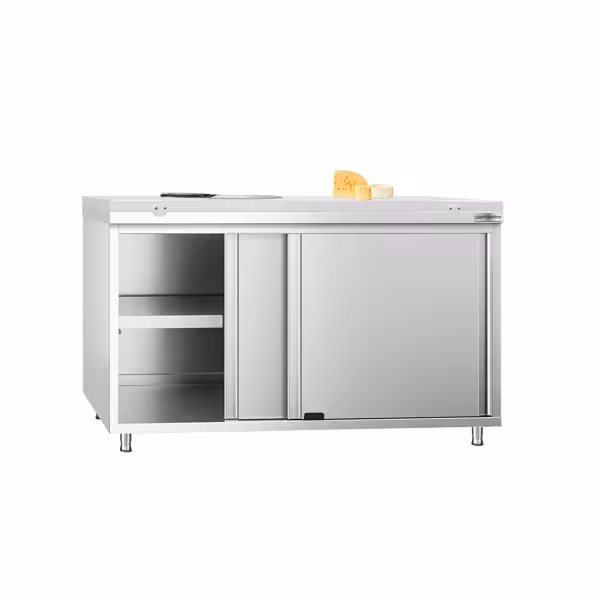 Inox (AISI 304) Radni stol zatvoreni PREMIUM - 1400 x 800 x 910 mm - s kliznim vratima - uklj. koterm ploča PE500 bijela
