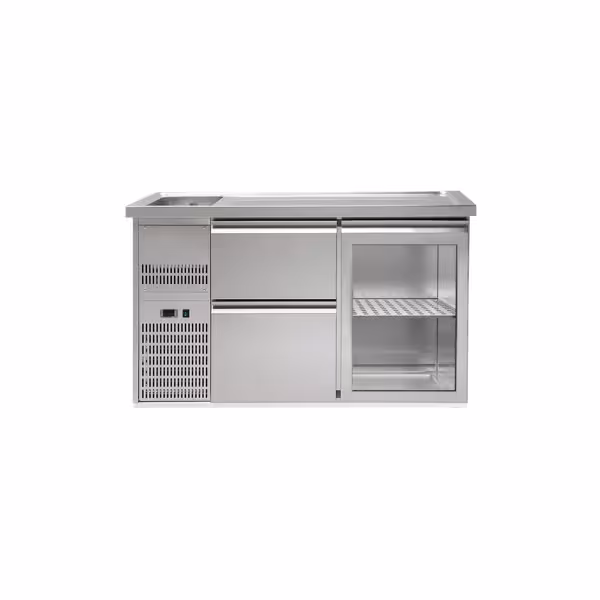 Frigider  pentru bere 1,5 x 0,7 m - cu 1 ușă din sticlă şi 2 sertare 2/5 + 3/5