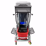 Carrello per pulizie PROFESSIONALE - aperto - con strizzatore, 2 contenitori, sacco portabiancheria, ripiani & ganci portascope - Grigio