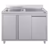 Móvel de lavagem em aço inoxidável Profissional - 1200x600mm - com lixeira e 1 cuba à esquerda - com escorredor à direita