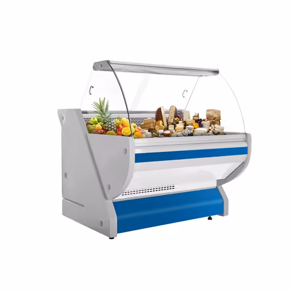 Banco gastronomia professionale / Banco Macelleria  (serve-over) - 990x1150mm - Statica - 250 L - Vetro curvo - piano di lavoro in granito - Colore Blu - servizio assistito