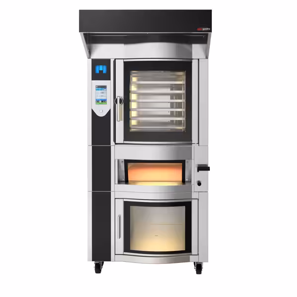 Elektrisch Rotatie-Bakkerij heteluchtoven met stoominjectie - Touchscreen - 6x 600x400mm & pizzaoven - incl. afzuigkap & pizzaoven & rijskast - met wateraansluiting & stoominjectie & touchscreen-bediening