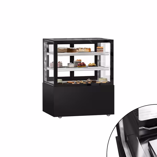 Vetrina pasticceria refrigerata MADRID - per pasticceria - 430l - 1000mm - Doppio vetro - con 2 ripiani - porte posteriori scorrevoli; LED interni; 4 lati vetro - Nero opaco