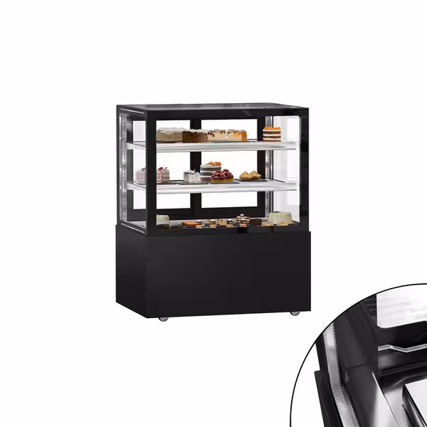 Kakkuvitriini MADRID - 430 l - 1000 mm - kaksinkertainen lasi - 2 hyllyä - LED-valaistus - liukuovet - musta mattapinta