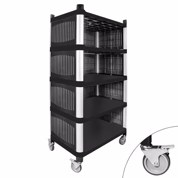 Oldalfalas műanyag polc - 800x500x1600 mm - 5 polc - 4 görgő - Max. teherbírás: 250 kg