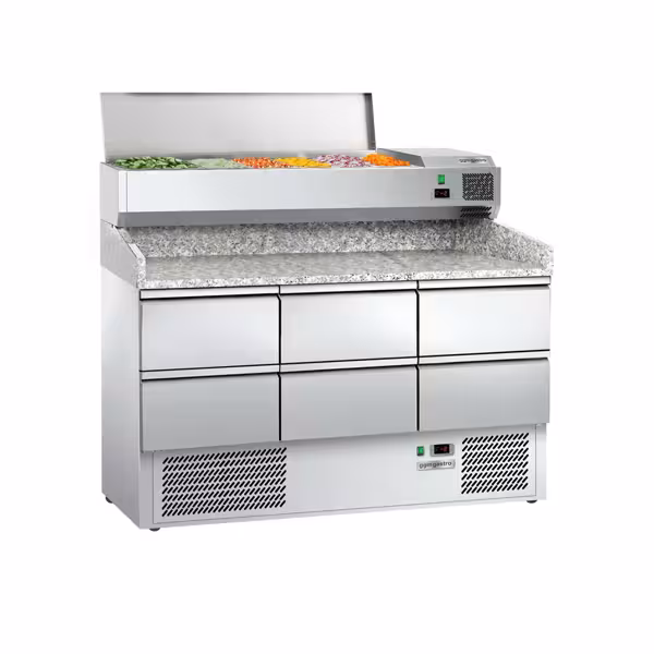 Pizzakühltisch ECO - 1400x700mm - mit 6 Schubladen 1/2 - inkl. Kühl-Aufsatzvitrine mit 6x GN 1/4