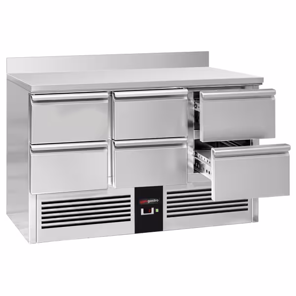 Koelwerkbank PREMIUM - 1365x700mm - 368 liter - front zwart - met 6 lades - opstand