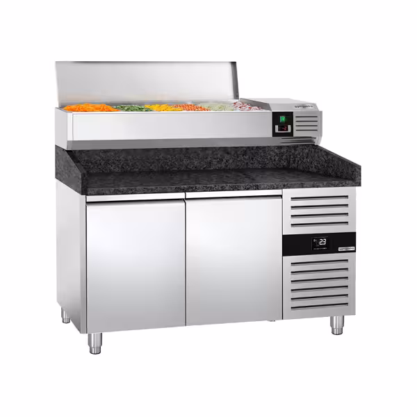 Stół chłodniczy do pizzy PREMIUM - 1500x800mm - z blatem granitowym - 2‑drzwiowy - z nadstawką chłodniczą - 6x GN 1/3