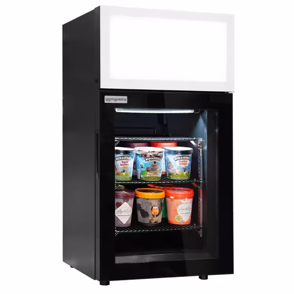 Mini displayvrieskast - 460mm - met 1 glazen deur & reclamedisplay - zwart