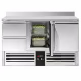 Saladette / Pizzakühltisch PREMIUM - 1,37 x 0,7 m - mit 2 Türen, 2 Schubladen & Aufkantung