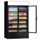 (2 pcs) Commercial Upright Glass Door Display Fridge with Illuminated Canopy - 2400mm - 2096 Litres - with 4 hinged glass doors - LED lighting - Black - Temperature range 1 to 10 °C