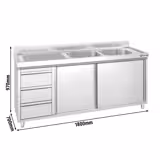 Meuble plonge PREMIUM - 1800x700mm - 2 bacs - 3 tiroirs