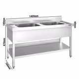 Stainless Steel Commercial Sink Unit PREMIUM - 1400x700mm - with Double Bowl Centre - with Undershelf - with Upstand