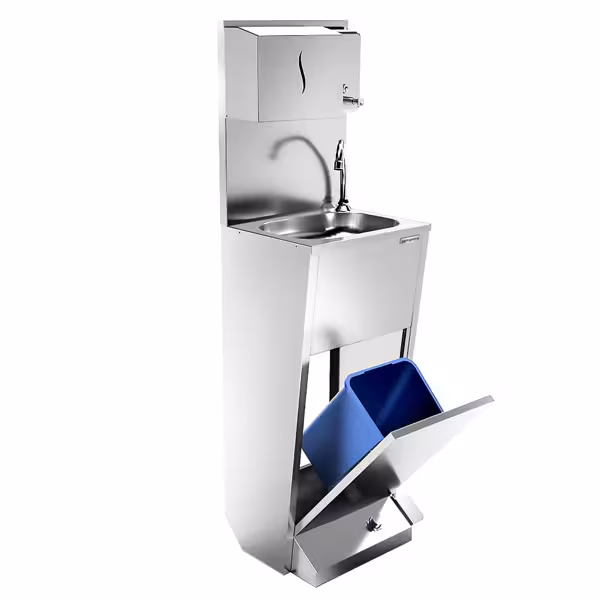 Lavamani in acciaio inox - con comando a pedale - Acciaio inox - con pattumiera, dispenser per sapone, distributore di carta asciugamani
