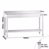 Masă lucru inox PREMIUM 1,5 m - cu polita şi rebord