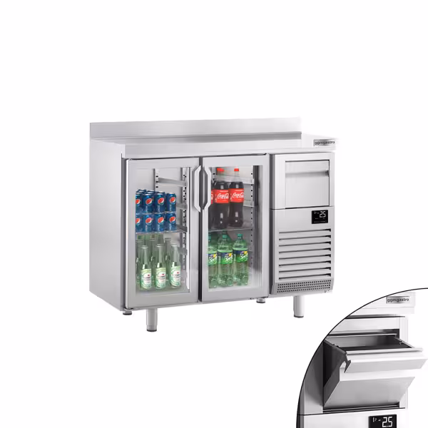 Barkoelkast PREMIUM PLUS - 1468x600mm - met 2 glazen deuren, spatrand & uitklopper voor koffie