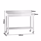 Table de travail en inox PREMIUM - 1000 x 800 mm - avec tablette inférieure, dosseret et roulettes