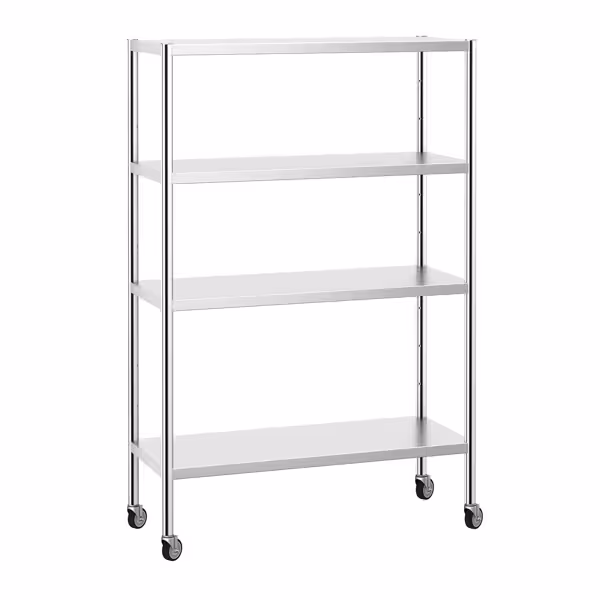 RVS stelling PREMIUM - 1200x500mm - Diepte: 500mm - met 4 legborden (in hoogte verstelbaar) - incl. wielenset 4 st. - Draagvermogen per schap: 80kg