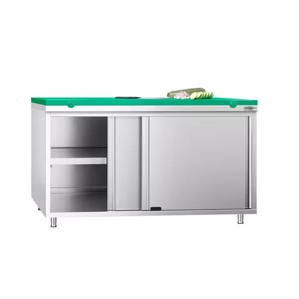 Table armoire en acier inoxydable PREMIUM - 1600x700mm - avec portes coulissantes et étagère basse - pour fruits et légumes - incl. plateau de découpe Vert PEHD (HACCP)