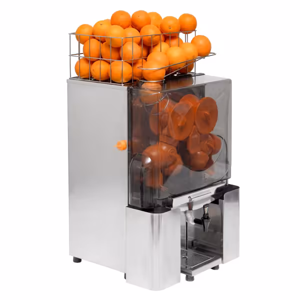Sinaasappelpers - 20 vruchten/min - Ø60-80mm - 200W - met manuele fruittoevoer, selfservice-tapkraan, veiligheidsschakelaars, frontafdekking afneembaar & afvalcontainer 10kg - RVS