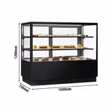 Gebaksvitrine - 580 liter - 1500mm - Dubbele beglazing - hoekig - spiegelfront - met 2 glazen planken - schuifdeuren achter - voor gebak - Zwart
