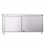 Table armoire en acier inoxydable PREMIUM - 1800x600mm - avec portes coulissantes et étagère basse - pour produits céréaliers, produits laitiers - incl. plateau de découpe Blanc PEHD (HACCP)