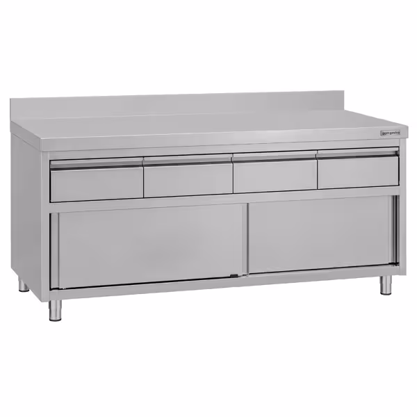 Armoire de travail en acier inoxydable ECO - 2000 x 600 mm - avec rebord - avec 4 tiroirs et une porte coulissante