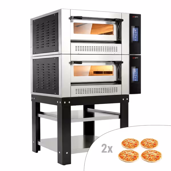 Plinska peć za pizzu Profesionalna - 1100x950 mm - 4+4 x Ø 30 cm - za Ø 30 cm pizzu - do 450 °C - Zaslon osjetljiv na dodir (touch) - uklj. postolje