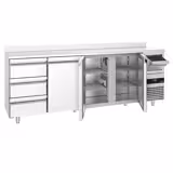 Commercial Back Bar Bottle Cooler PREMIUM - 2690x600x1150mm - with 3 Solid Doors & 3 Drawers, upstand & knock box for coffee - 775L - Stainless Steel