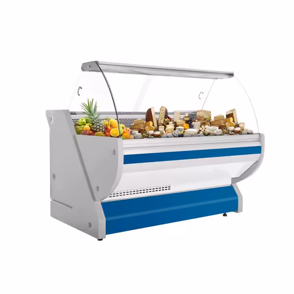 Banco gastronomia professionale / Banco Macelleria  - 1725x1150mm - Statica - 340 L - Vetro curvo - Colore Blu - Pannello frontale illuminato - con Natura-Fleischlicht