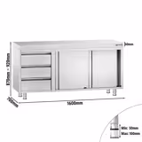 Mesa armario inox PREMIUM - 1600x700mm - con 3 cajones izquierda - con estante intermedio