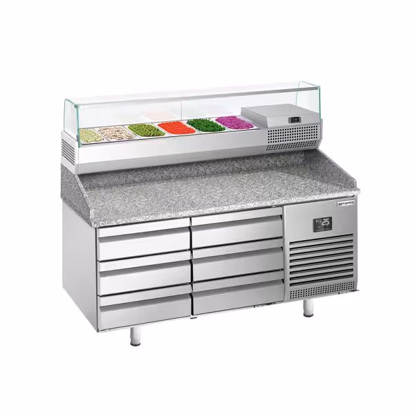 Pizza Hazırlık Buzdolabı PREMIUM PLUS - 1490x700mm - 0 Kapı & 6 çekmece - dahili soğutmalı üst vitrin - 6x GN 1/4