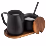 (12 pcs) Milk and Sugar Set - 350ml - Wooden stand - Stainless steel; Acacia wood stand - Black