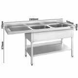 Plonge PREMIUM en acier inoxydable - 2000x600mm - 2 bacs - égouttoir à gauche - avec espace lave-vaisselle - avec dosseret
