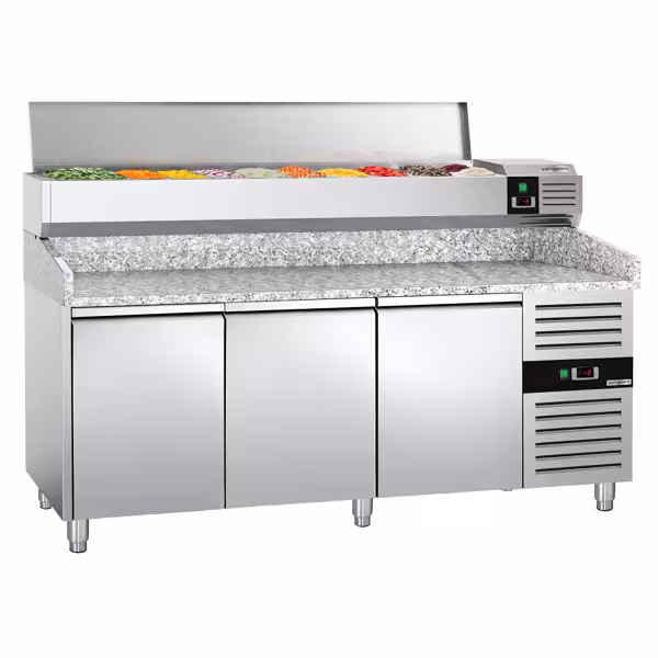 Table réfrigérée à pizza PREMIUM - 2000 x 800 mm - avec 3 portes - incl. vitrine réfrigérée - 9 x GN 1/3