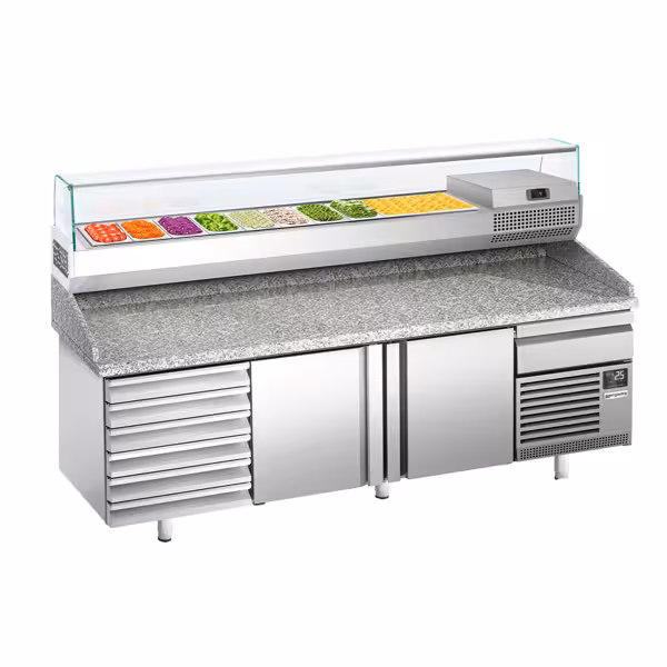 Pizzakühltisch Premium PLUS - 2305x800mm - mit 2 Türen & 7 Schubladen - inkl. Kühlaufsatzvitrine - 10x GN 1/3