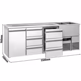 Lada barmańska PREMIUM - 2500x700mm - 1 Drzwi & 6 Szuflady - z 2 zlewami po prawej i ociekaczem