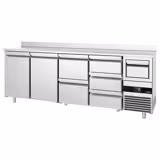 Arrière-bar réfrigéré professionnel PREMIUM - 2690 x 600 mm - avec 2 portes et 5 tiroirs - avec dosseret - avec tiroir à marc de café