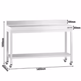 Table de travail en inox PREMIUM - 1400 x 800 mm - avec tablette inférieure, dosseret et roulettes