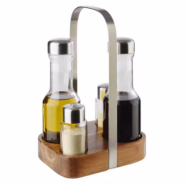 (6 st) Kryddställ WOOD - 4-delars - Höjd: 245 mm - ställ i trä - glas; lock i rostfritt stål - inkl. ställ - olja- och vinägerflaskor, salt- och pepparströare - Med möbelskonande undersida