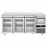 Bar & Dranken koelwerkbank PREMIUM - 2130x600mm - met 3 glazen deuren, achterwand & uitklopbak voor koffie