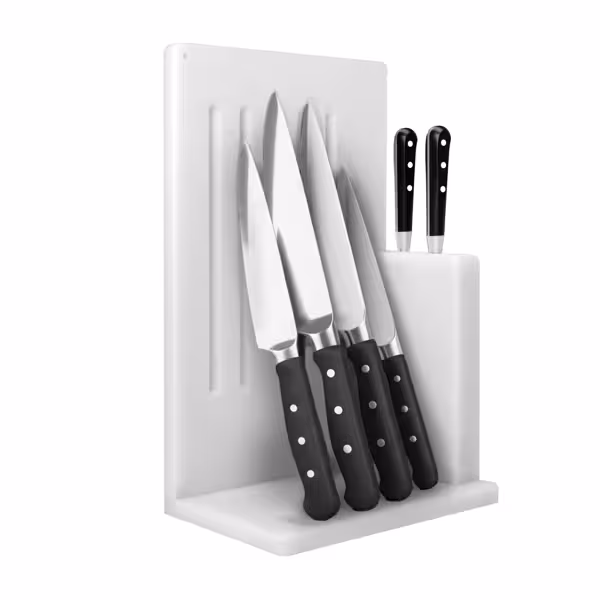 Mágneses késtartó - késtartároló polc - polietilén - fehér - 301x501x202 mm - 5 kés és 2 késélező számára