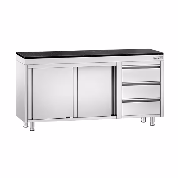 Edelstahl Arbeitsschrank PREMIUM - 1600x700mm - mit 3 Schubladen rechts - inkl. Granitarbeitsplatte