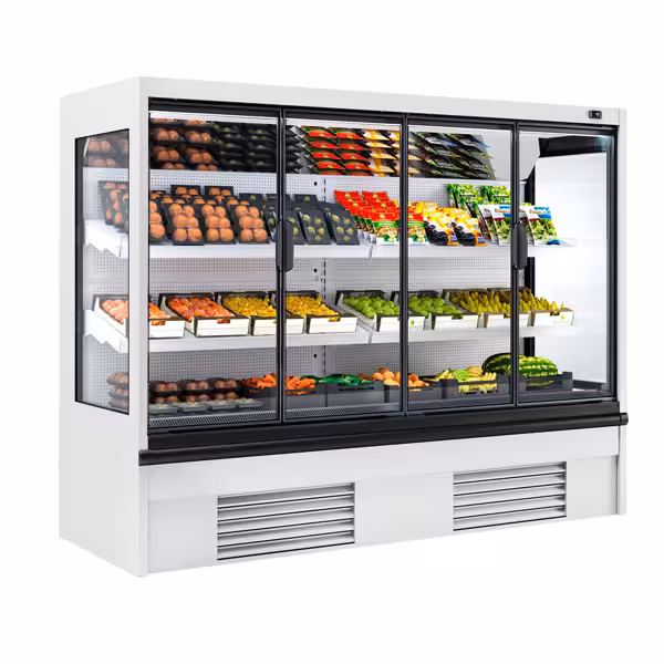 Murale Refrigerato Professionale - 2500mm - 1408l - +4°/+6°C - con 4 porte a battente in vetrocamera & 2 ripiani - Bianco